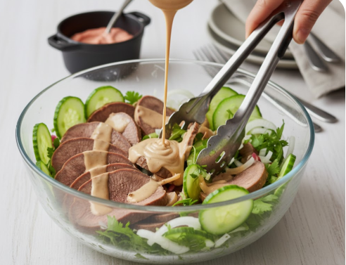 Eine große Glasschüssel, in der ein Salat aus zarten Rinderzungenscheiben, frischen Gurkenscheiben, Zwiebelringen und Kräutern zubereitet wird. Eine cremige Sauce wird gerade über die Zutaten gegossen, während eine Person den Salat mit einer Metallzange vorsichtig vermengt.