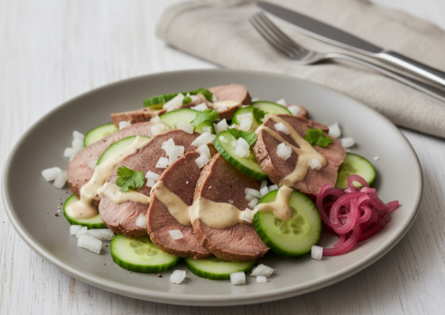 Ein fertig angerichtetes, appetitliches Gericht mit zarten Scheiben von Rinderzunge, die kunstvoll auf einem rustikalen Holzbrett präsentiert werden. Die Fleischscheiben sind mit frischen Kräutern, Meersalz und Pfeffer verfeinert. Ergänzt wird das Ganze durch Beilagen wie eine rosa Meerrettich-Creme und fein marinierte rote Zwiebeln in kleinen Servierschalen.