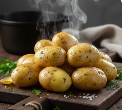 Frisch gekochte, geschälte Kartoffeln auf einem Holzbrett, von denen heißer Dampf aufsteigt, garniert mit Kräutern.