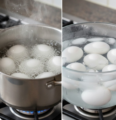 Weiße Eier in einem Topf mit sprudelnd kochendem Wasser, daneben eine Schale mit Eiswürfeln und Wasser zum Abschrecken.