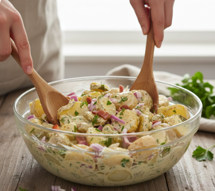 Eine gläserne Schüssel mit cremigem Kartoffelsalat, der mit roten Zwiebeln und Kräutern verfeinert ist und gerade mit zwei Holzlöffeln vermengt wird.