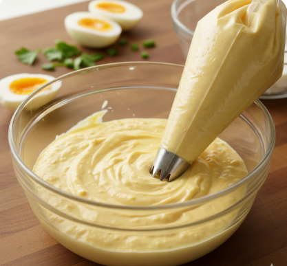 Eine gläserne Schüssel gefüllt mit einer glatten, hellgelben Eigelbcreme, in die gerade ein Spritzbeutel mit Metalldüse eingetaucht wird, während im Hintergrund halbierte gekochte Eier zu sehen sind.