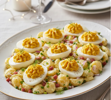 Eine festlich angerichtete Servierplatte mit cremigem Kartoffelsalat, auf dem halbierte Eier mit einer kunstvoll aufgespritzten Eigelbcreme (Russische Eier) thronen, garniert mit frischem Dill und Speckwürfeln.