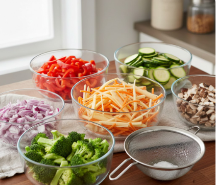 Verschiedenes vorbereitetes und abgetropftes Gemüse wie Brokkoli, Karotten, Zucchini, rote Paprika und Zwiebeln in Glasschalen auf einer Holzarbeitsplatte neben einem Sieb.