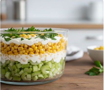 Eine große Glasschüssel mit geschichtetem Salat: Ganz unten gewürfelter grüner Sellerie, darüber eine weiße cremige Schicht, gefolgt von einer dicken Schicht gelbem Mais und garniert mit frischer Petersilie.