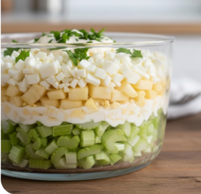 Eine große Glasschüssel mit geschichtetem Salat: Über einer Basis aus grünem Sellerie folgen Schichten aus cremiger Sauce, gelben Apfelwürfeln und einer abschließenden Lage aus fein gewürfeltem Ei, garniert mit frischer Petersilie.