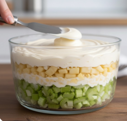 Eine Hand benutzt einen Metallspatel, um eine dicke, cremige Schicht Mayonnaise auf einem Schichtsalat in einer Glasschüssel glattzustreichen. Unter der weißen Sauce sind Schichten aus gelben Apfelstücken und grünem Sellerie zu erkennen.