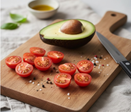 Ein frischer, bunter Blattsalat in einer Glasschüssel, die auf einem rustikalen Holztisch steht. Die Salatblätter sind mit Wassertropfen benetzt und bestehen aus einer Mischung von grünem Feldsalat und rötlichem Radicchio.