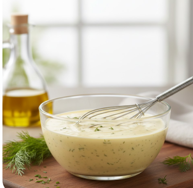 Ein cremiges, emulgiertes Dressing in einer kleinen Glasschale, das mit reichlich fein gehacktem, frischem Dill vermengt ist. Die Schale steht auf einem rustikalen Holztisch, und im Hintergrund sind dezent weitere Zutaten wie eine Zitrone und frische Kräuter zu erkennen.