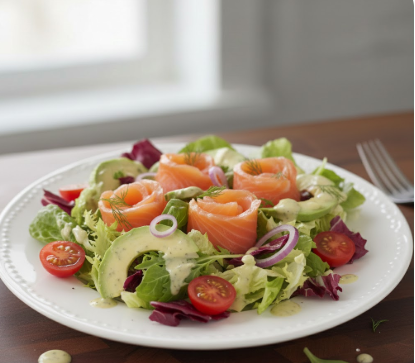 Ein ästhetisch angerichteter Salatteller auf einem dunklen Holztisch. Der frische Blattsalat ist mit kunstvoll geformten Räucherlachs-Rosen, Avocado-Spalten und halbierten Kirschtomaten belegt. Das Ganze ist mit einem cremigen Dill-Dressing beträufelt und mit frischen Kräutern garniert.