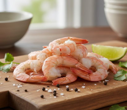 Frische, gekochte Garnelen auf einem Holzschneidebrett, garniert mit einer Limettenspalte, frischem Koriander und verstreuten schwarzen Pfefferkörnern sowie Meersalz in einer hellen Küchenumgebung.