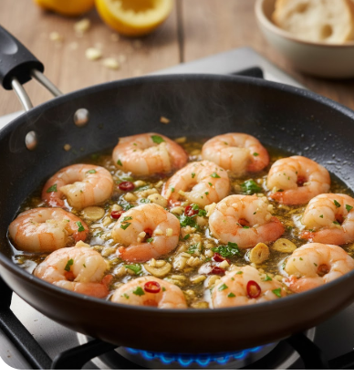 Garnelen, die in einer Pfanne mit viel gehacktem Knoblauch, Kräutern und roten Chiliringen in Öl brutzeln. Die Pfanne steht auf einem brennenden Gasherd, und im Hintergrund sind Zitronen und Brot zu sehen.