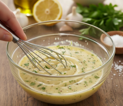Eine Hand rührt mit einem Schneebesen ein cremiges, hellgelbes Dressing in einer Glasschüssel an. Das Dressing enthält frische grüne Kräuter und Pfeffer. Im Hintergrund sind Zutaten wie Knoblauch, eine Zitrone, Petersilie und Olivenöl auf einer Holzoberfläche zu sehen.