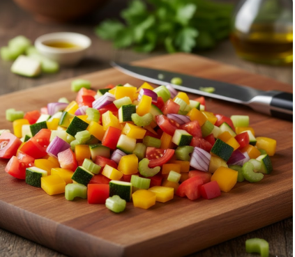 Ein hölzernes Schneidebrett mit einem Haufen fein gewürfeltem, buntem Gemüse wie roten und gelben Paprikas, Zucchini, Tomaten, roten Zwiebeln und Sellerie. Ein scharfes Küchenmesser liegt daneben, und im unscharfen Hintergrund sind Petersilie und Olivenöl zu sehen.