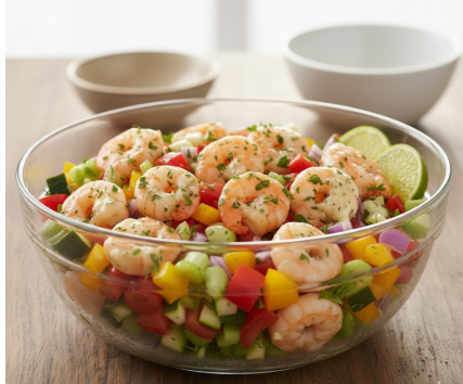 Ein servierfertiger, bunter Garnelensalat in einer großen weißen Schüssel. Der Salat besteht aus den gebratenen Garnelen, dem fein gewürfelten Gemüse (Paprika, Zucchini, Zwiebeln) und ist mit dem cremigen Dressing vermengt. Garniert ist das Gericht mit frischen Kräutern und Zitronenscheiben auf einem rustikalen Holztisch.