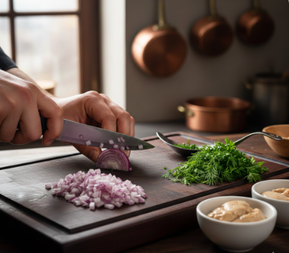 Nahaufnahme eines Kochs, der eine rote Zwiebel in feine Würfel schneidet; daneben frischer Dill, Petersilie und zwei Schälchen mit cremiger Dorschleber auf einem Holzbrett.