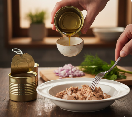 Hände gießen Öl aus einer Dose Dorschleber in eine kleine Schale ab, während im Vordergrund die Leber in einem tiefen Teller mit einer Gabel zerdrückt wird.