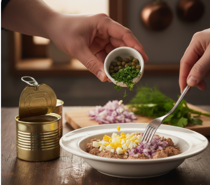 Eine Person bereitet einen Thunfischsalat in einer weißen Schüssel zu. In der Schüssel befinden sich bereits Thunfisch, fein gewürfelte rote Zwiebeln und gehackte gekochte Eier. Die Person schüttet gerade Kapern und frische Petersilie aus einer kleinen Schale dazu. Im Hintergrund sieht man eine geöffnete Thunfischdose, ein Schneidebrett mit weiteren Zwiebeln und frische Kräuter.