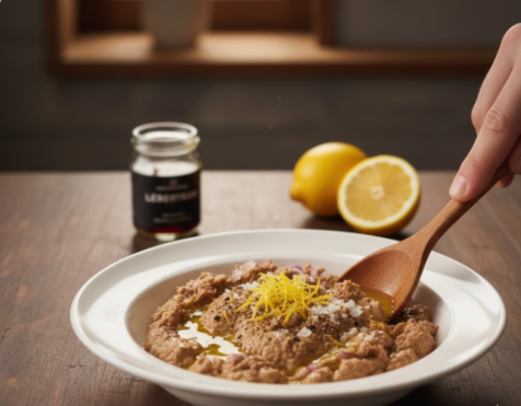 Eine Nahaufnahme einer weißen Schüssel mit einer cremigen Dorschleber-Mischung auf einem Holztisch. Die Masse ist mit Zitronenabrieb, Meersalz und schwarzem Pfeffer garniert. Eine Hand rührt die Mischung vorsichtig mit einem Holzspatül um. Im Hintergrund stehen eine angeschnittene Zitrone und ein kleines Glas, vermutlich mit Fischöl oder Lebertran.