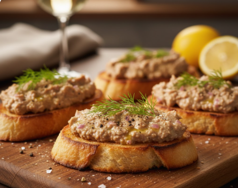 Servierfertige Dorschleber-Schnittchen auf geröstetem, goldbraunem Brot. Die cremige Dorschleber-Mischung ist großzügig auf den Brotscheiben verteilt und mit frischem Dill sowie einer Prise schwarzem Pfeffer garniert. Die Vorspeise ist ansprechend auf einem rustikalen Holzbrett oder Teller angerichtet, bereit zum Genießen.