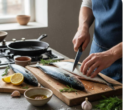 Ein Koch in einer blauen Schürze bereitet auf einem Holzbrett frische Makrelen zu. Er setzt ein Messer zum Filetieren an, während rundherum Zutaten wie Zitronen, Rosmarin, Knoblauch, Meersalz und eine Schale mit Kräuteröl verteilt sind. Im Hintergrund steht eine gusseiserne Pfanne auf dem Herd.