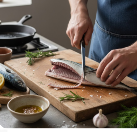 Ein Koch in blauer Schürze bereitet frische Makrelen auf einem Holzschneidebrett vor. Er setzt ein Messer an den Fischkörper an. Auf der Arbeitsfläche sind Zitronenhälften, Rosmarin, Knoblauch, eine Schale Öl und grobes Meersalz verteilt; im Hintergrund steht eine gusseiserne Pfanne auf dem Herd.