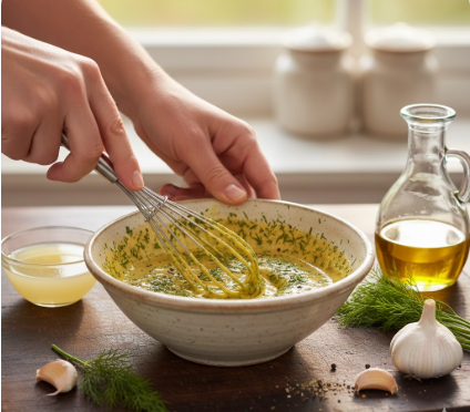 Ein Koch in einer blauen Schürze bereitet in einer hellen Küche eine Marinade für Makrelen zu. Seine Hände halten eine kleine Schale mit Olivenöl und Gewürzen über ein rustikales Holzbrett, auf dem frische Kräuter wie Rosmarin und Dill sowie Knoblauchzehen liegen. Im Hintergrund ist eine gusseiserne Pfanne auf dem Herd zu sehen, die für das Braten bereitsteht.