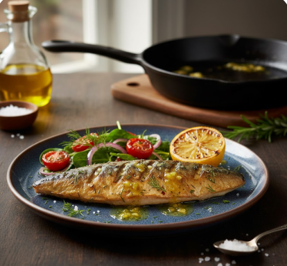 Ein Koch in einer blauen Schürze bereitet frische Makrelen auf einem Holzbrett vor. Er setzt ein Messer an einen der Fische an. Auf der Arbeitsplatte liegen Zitronen, Rosmarin, Knoblauch und eine kleine Schale mit Gewürzöl.