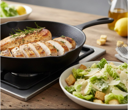 Gebratene Hähnchenbrust in einer Pfanne neben einem frischen Caesar Salad mit Croutons und Parmesan – ideal für eine kalorienarme Mahlzeit.