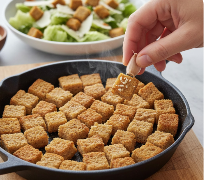 Saftig gebratene Hähnchenbrust-Streifen in einer gusseisernen Pfanne, serviert mit einem frischen Caesar Salad mit Parmesan und Vollkorn-Croutons auf einer Holzarbeitsplatte.