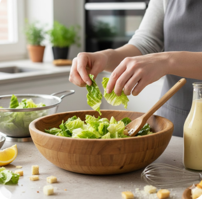 Nahaufnahme einer Person in einer Küche, die Romana-Salat für einen Caesar Salad zubereitet. Die Person zupft grüne Salatblätter in mundgerechte Stücke über einer großen Holzschüssel. Auf der Arbeitsplatte stehen ein Sieb mit gewaschenem Salat, eine Flasche Dressing, ein Schneebesen und Croutons.