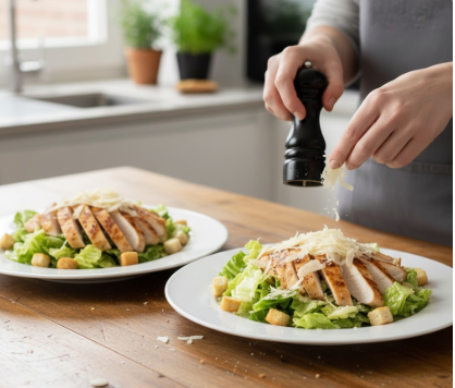 Ein fertig angerichteter Caesar Salad auf einem flachen Teller, garniert mit warmen Hähnchenbruststreifen, knusprigen Croutons und hauchdünnen Parmesanstreifen.