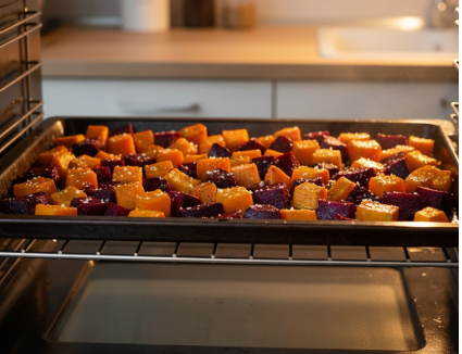 Ein Backblech im Ofen, gefüllt mit gewürfeltem, geröstetem Gemüse. Die Mischung besteht aus leuchtend orangefarbenen Kürbisstücken und tiefroten Rote-Bete-Würfeln, die leicht mit Salz oder Gewürzen bestreut sind.