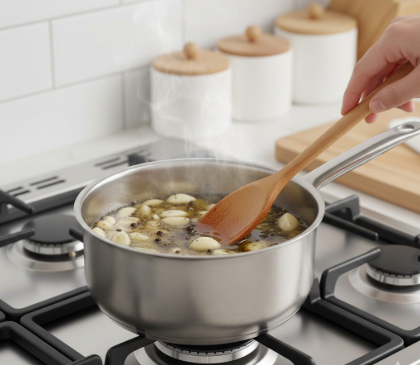 In einer hellen, modernen Küche wird eine Marinade in einem Edelstahltopf auf einem Gasherd zubereitet. Die Mischung besteht aus Olivenöl, vielen ganzen Knoblauchzehen und verschiedenen Gewürzkörnern. Eine Hand rührt die dampfende Flüssigkeit mit einem Holzlöffel um.