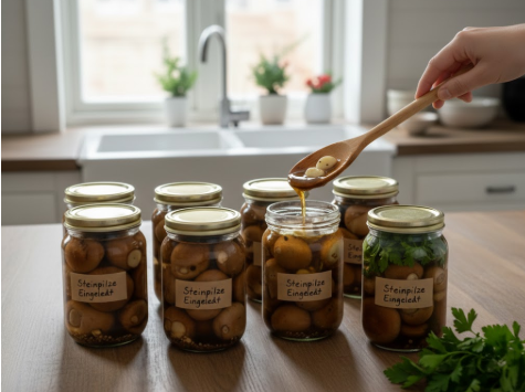 Mit einem Holzlöffel wird heiße Marinade und Knoblauch in ein Glas mit Steinpilzen gegossen. Daneben stehen weitere bereits befüllte Gläser, eines davon enthält frische Petersilie. Die Aufschrift auf den Etiketten lautet „Steinpilze Eingeledt“.