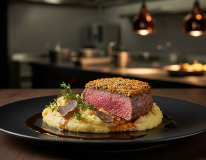 Rosa gegartes Rinderfilet mit Kräuterkruste auf Trüffel-Kartoffelstampf, garniert mit frischen Trüffelscheiben und Thymian.