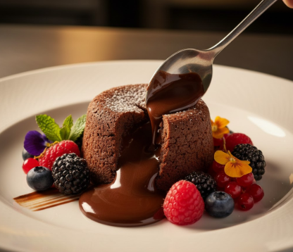 Schokoladen-Fondant mit flüssigem Kern, serviert mit frischen Himbeeren, Brombeeren und Blaubeeren auf einem weißen Teller.