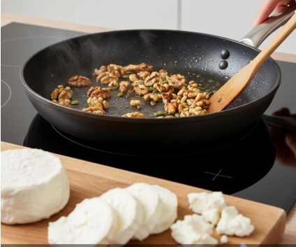 Eine Pfanne auf einem modernen Induktionsherd, in der Walnusskerne und Kürbiskerne goldbraun geröstet werden. Im Vordergrund liegt ein kleiner Laib Ziegenkäse auf einem Holzteller, der teilweise in Taler geschnitten und grob zerbröselt ist.