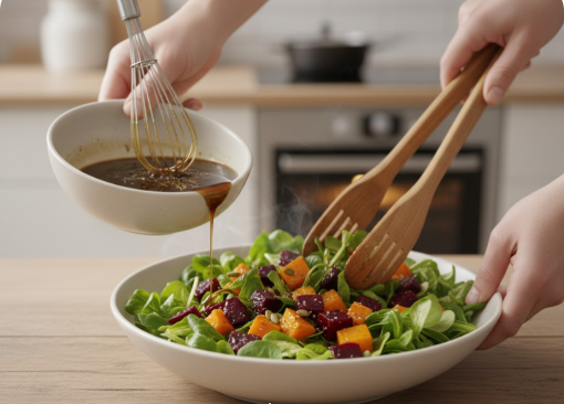 Eine Person gießt die dunkle Vinaigrette aus einer Schüssel über einen frischen Feldsalat mit gerösteten Kürbis- und Rote-Bete-Würfeln. Gleichzeitig wird der Salat mit einem hölzernen Salatbesteck vorsichtig vermengt.