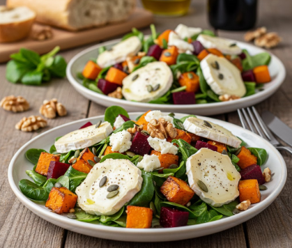 Zwei weiße Teller mit einem bunt angerichteten Wintersalat auf einem rustikalen Holztisch. Der Salat besteht aus grünem Feldsalat, gerösteten orangefarbenen Kürbiswürfeln und dunkelroten Rote-Bete-Stücken. Garniert ist er mit Ziegenkäsetalern, gerösteten Walnusskernen und Kürbiskernen. Im Hintergrund sind Baguette, eine Flasche Wein und ein gefülltes Weinglas zu sehen.