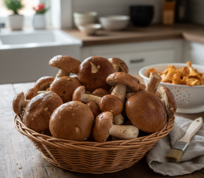 Eine geflochtene Weidenkorbschale voll mit frisch gesammelten, braunhäuptigen Steinpilzen steht auf einem rustikalen Holztisch in einer hellen Küche. Im Hintergrund erkennt man eine weiße Schüssel mit Pfifferlingen sowie einen kleinen Reinigungspinsel auf einem Leinentuch.