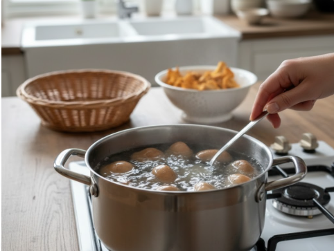 In einer modernen Küche werden braune Pilze in einem Edelstahltopf mit kochendem Wasser blanchiert. Eine Hand rührt die Pilze mit einem Löffel um, während im Hintergrund der nun leere Weidenkorb und eine Schüssel mit Pfifferlingen zu sehen sind.