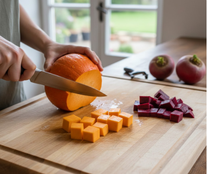 Ein Foto, das die Vorbereitung von Gemüse auf einem Holzschneidebrett zeigt. Eine Person schneidet mit einem Messer einen leuchtend orangefarbenen Hokkaido-Kürbis. Auf dem Brett liegen bereits perfekt geschnittene, gleichmäßige Würfel vom Kürbis und von tiefroter Bete. Im Hintergrund sind zwei ganze Rote Bete und ein Sparschäler zu sehen.
