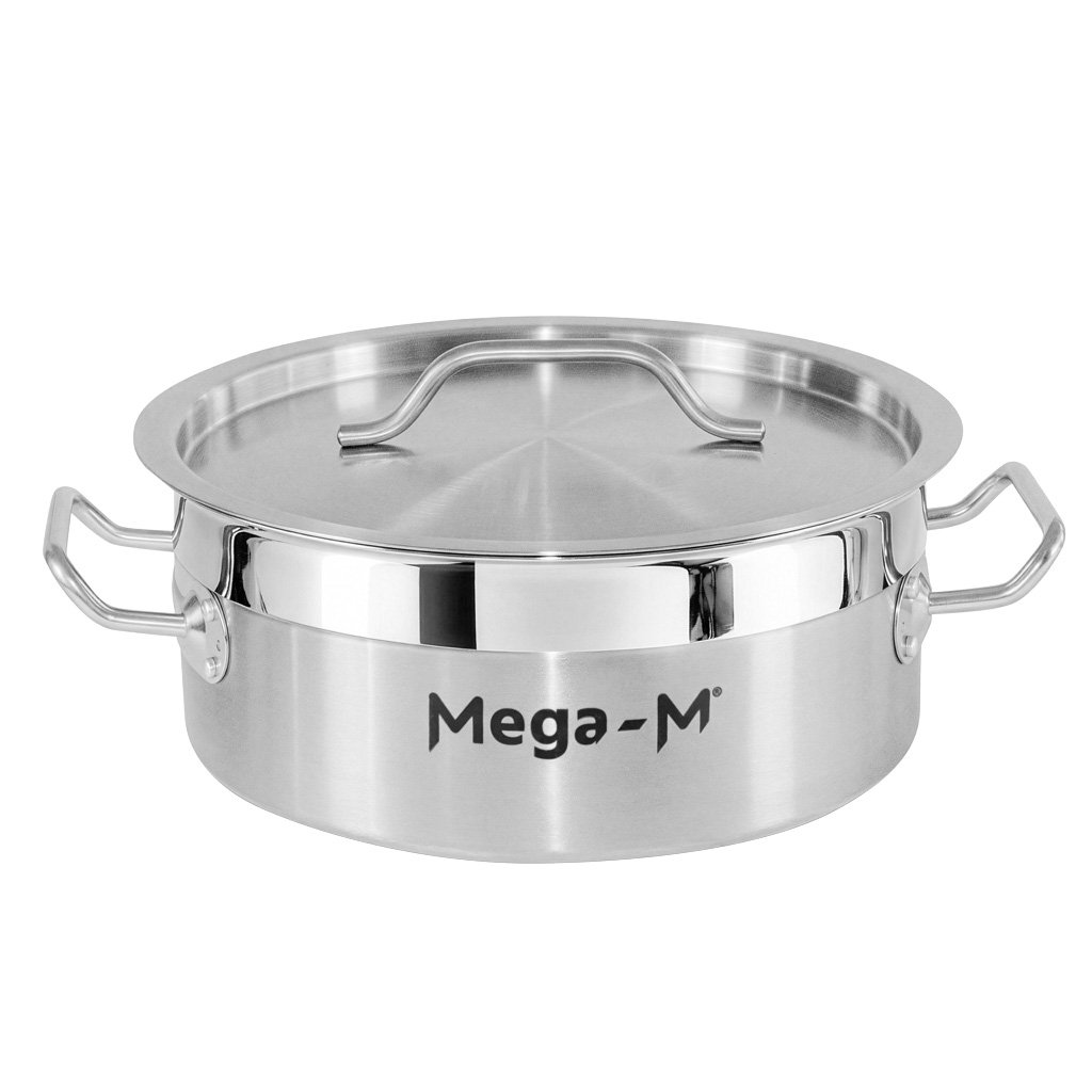 Garnek-ze-stali-nierdzewnej-AISI-443-niski-z-pokrywka-Mega-M-PRO-5L-25×11-cm-MTP007680-1 Puodas su dangčiu Mega-M PRO 5 l 25x11 cm