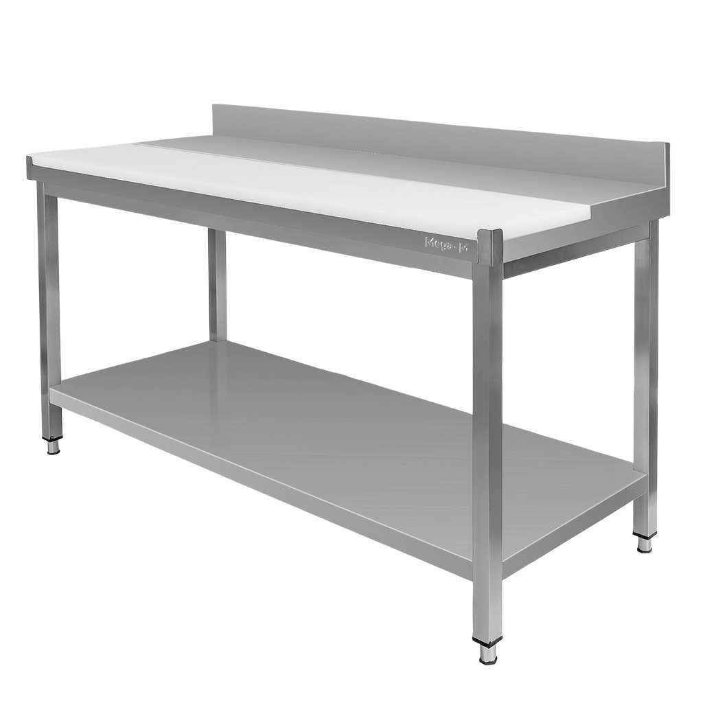 Stol-gastronomiczny-masarski-przyscienny-z-plyta-polietylenowa-i-polka-Mega-M-150cm-MTP008363-MTP008386-1 Nerūdijančio plieno mėsos pjaustymo stalas Mega-M 150x60x85 cm su PE lenta