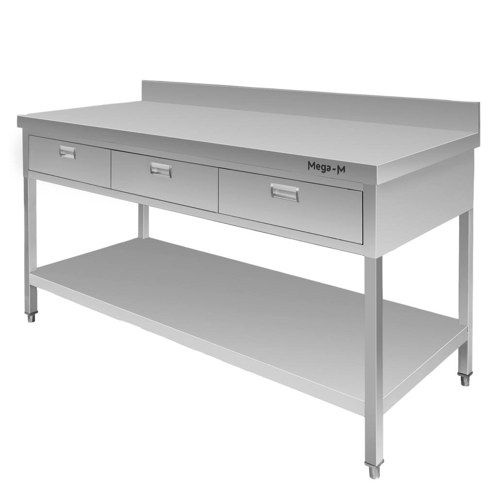 Stol-gastronomiczny-ze-stali-nierdzewnej-przyscienny-z-polka-i-3-szufladami-Mega-M-150x70x85-cm-MTP001731-7 Priešsieninis gastronominis stalas su stalčiais Mega-M