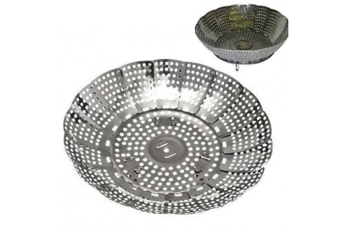 garintuvas-veduokle-26-cm_reference uskleidžiamas garų puodas 26 cm iš nerūdijančio plieno, išskleistas ant puodo su garinamomis daržovėmis